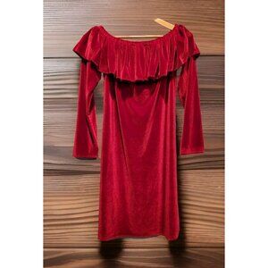 Red Velvet Velour Ruffle Neck Long Sleeve Pencil Dress Shane Lee Sz S Holiday